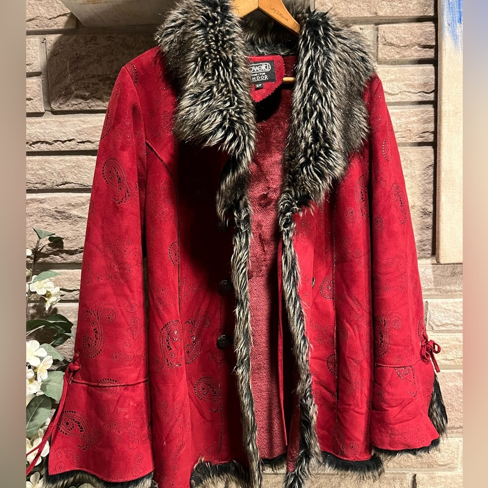 Novelty vintage red suede jacket with faux fur lining and patterning.